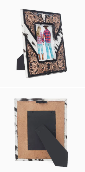 Saddlewood Hand tooled Leather Photo Frame in Brown with Hair on Detail