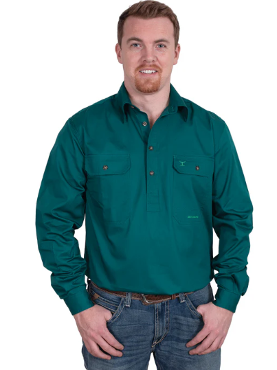Just Country Mens Cameron 1/2 Button L/S Shirt - Forest Green - 10101FOR