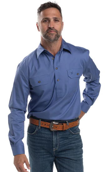 Just Country Mens Cameron 1/2 Button L/S Shirt - Blue - 10101BLU