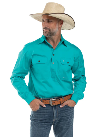Just Country Mens Cameron 1/2 Button L/S Shirt - Turquoise - 10101TUR