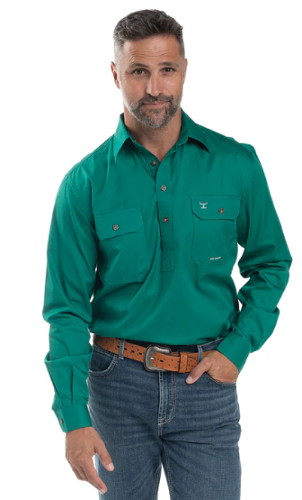 Just Country Mens Cameron 1/2 Button L/S Shirt - Dark Green - 10101DKG