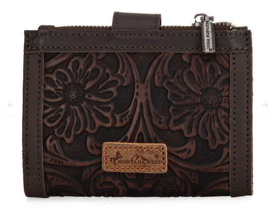 Montana West Genuine Leather Tooled BI-Fold RFID Wallet - Coffee - MWS-1002CF