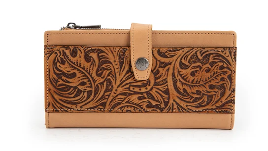 Montana West Genuine Leather Floral Tooled Bi-Fold Wallet - Tan - MWL-4210TN