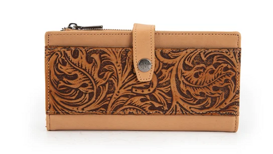 Montana West Genuine Leather Floral Tooled Bi-Fold Wallet - Tan - MWL-4210TN