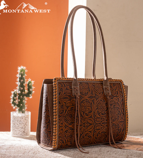 Montana West Tooled Carry Tote - Brown - MW1355G-8317BR