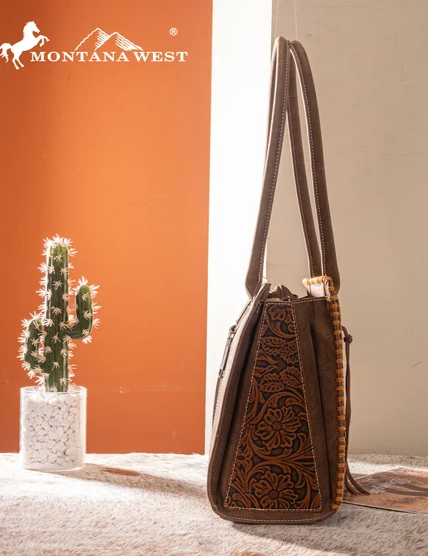 Montana West Tooled Carry Tote - Brown - MW1355G-8317BR