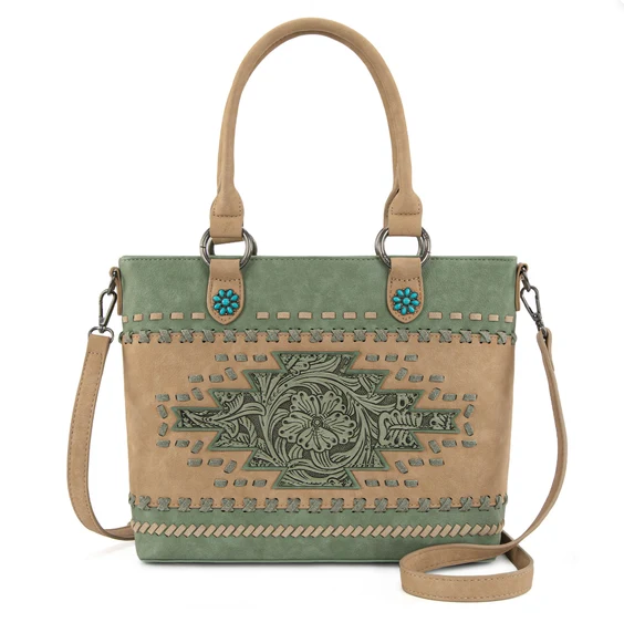 Montana West Western Tooled Aztec Carry Tote/Crossbody - Green - MW1356-8260GN