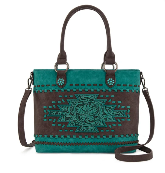 Montana West Western Tooled Aztec Carry Tote/Crossbody - Turquoise - MW1356-8260TQ