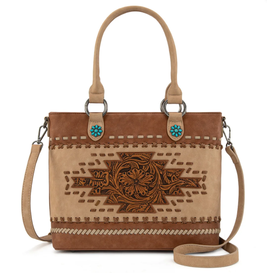 Montana West Western Tooled Aztec Carry Tote/Crossbody - Brown - MW1356-8260BR