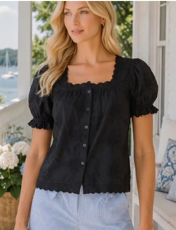 Embroidered Puff Sleeve Button Front Blouse - Black - MT34596-BLACK
