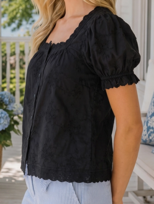 Embroidered Puff Sleeve Button Front Blouse - Black - MT34596-BLACK
