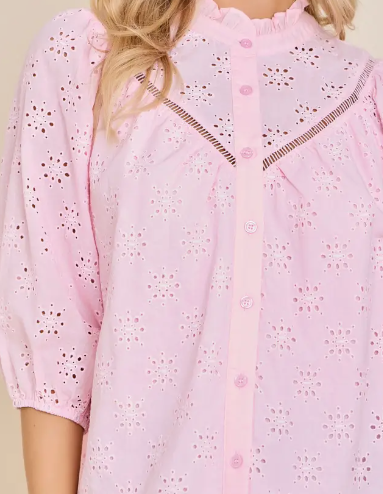 Eyelet Embroidered Ruffle Neck Blouse - Pink - MT34593-PINK