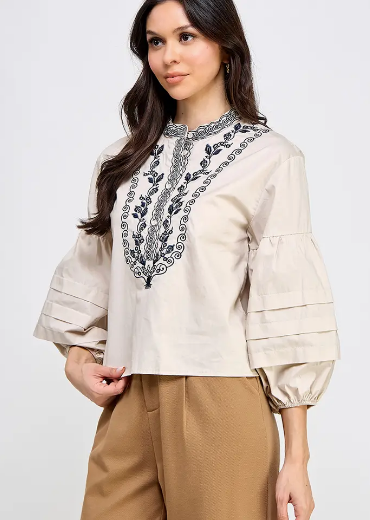 Khaki Multi Layer Sleeve Embroidered Boho Chic Blouse