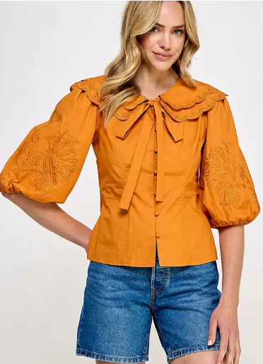 Caramel Solid Embroidered Collared Blouse