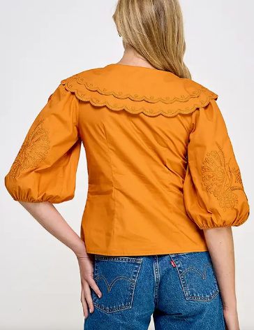 Caramel Solid Embroidered Collared Blouse