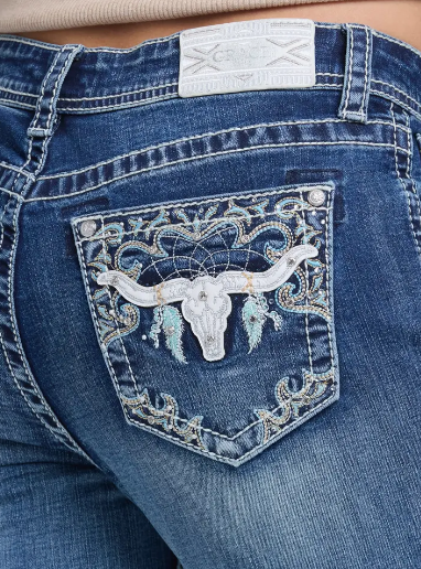 Grace in LA Steer Head Embroidery Mid Rise Boot Cut 30" - EB-81819