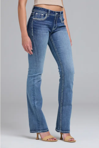 Grace in LA Steer Head Embroidery Mid Rise Boot Cut 30" - EB-81819
