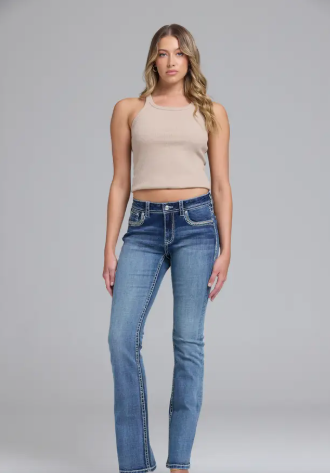 Grace in LA Steer Head Embroidery Mid Rise Boot Cut 30" - EB-81819