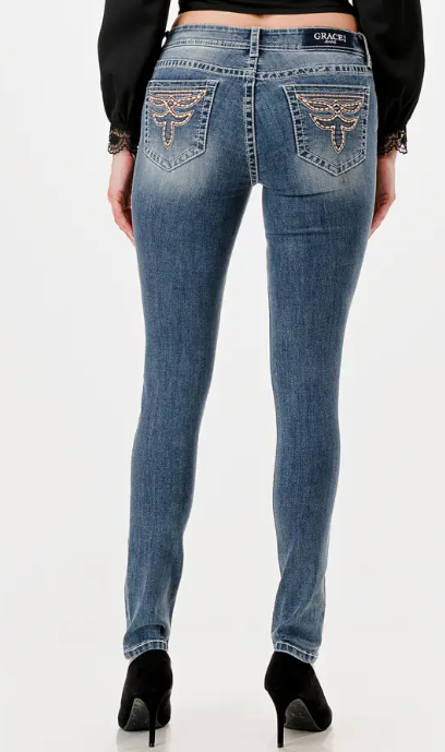 Grace in LA Toe Bug Embroidery Mid Rise Skinny Jean - EN-9652