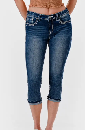 Grace in LA Floral Embroidered Mid Rise Capri - EC-52038