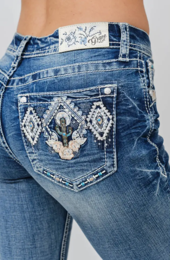 Grace in LA Cactus & Floral Bootcut Jean - 32" - EB-S845