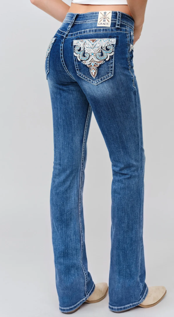 Grace in LA Aztec Embroidery Bootcut Jean - EB-62015