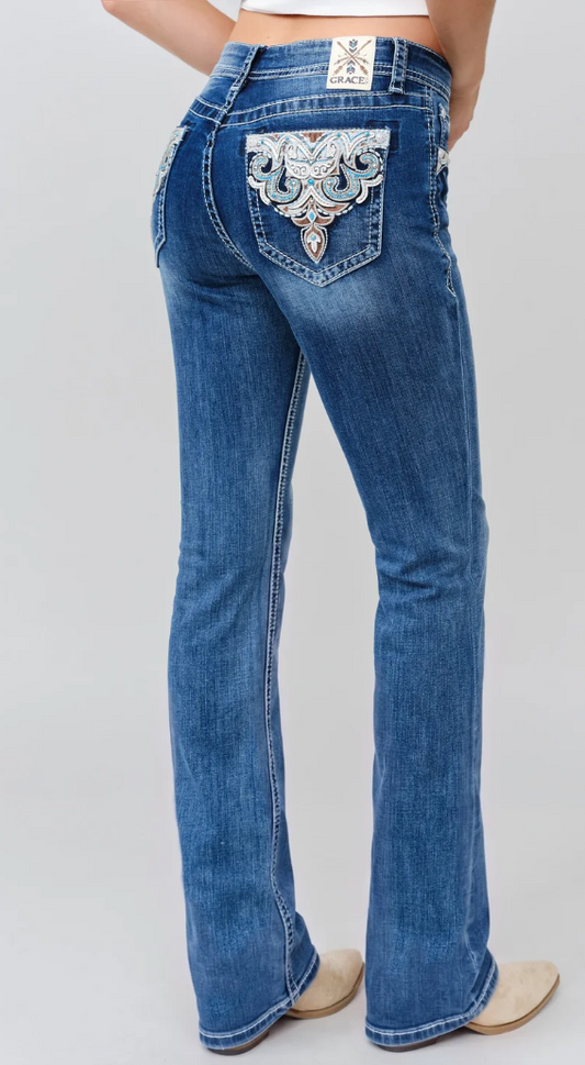 Grace in LA Aztec Embroidery Bootcut Jean - EB-62015