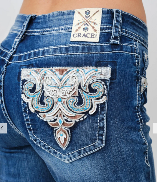 Grace in LA Aztec Embroidery Bootcut Jean - EB-62015