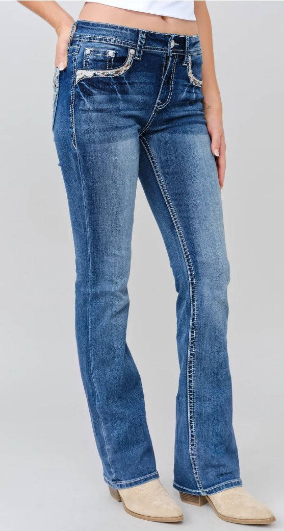 Grace in LA Aztec Embroidery Bootcut Jean - EB-62015
