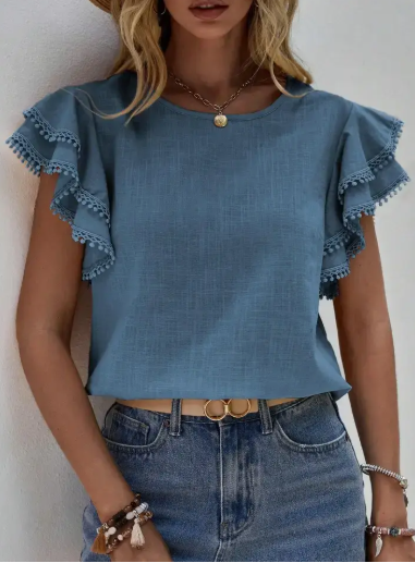 Ladies Round Neck Ruffle Sleeve Pom Pom Trim Top - Sea Blue