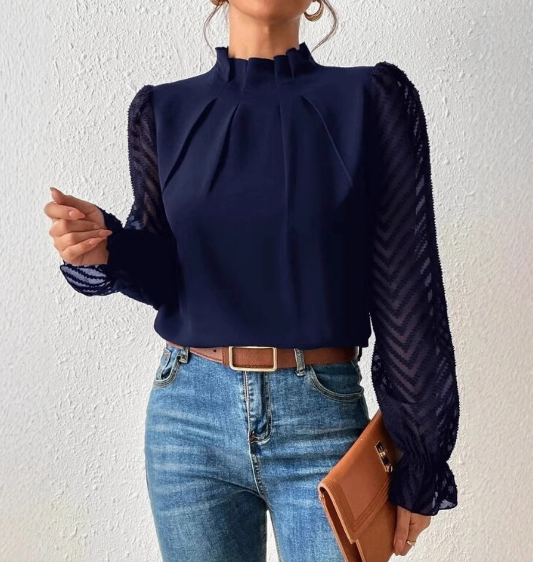 Ladies Chiffon High Neck Sheer Sleeve Blouse - Navy Blue