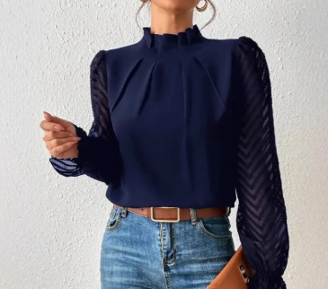 Ladies Chiffon High Neck Sheer Sleeve Blouse - Navy Blue