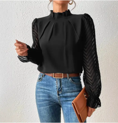 Ladies Chiffon High Neck Sheer Sleeve Blouse - Black