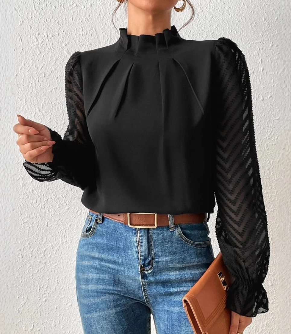 Ladies Chiffon High Neck Sheer Sleeve Blouse - Black