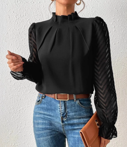 Ladies Chiffon High Neck Sheer Sleeve Blouse - Black