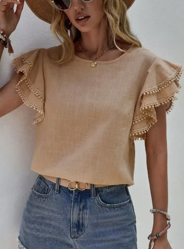 Ladies Round Neck Ruffle Sleeve Pom Pom Trim Top - Khaki