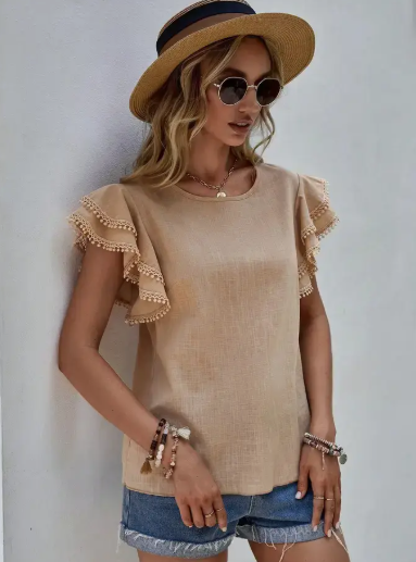 Ladies Round Neck Ruffle Sleeve Pom Pom Trim Top - Khaki