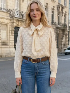Tie Neck Polka Dot Pattern Long Puff Sleeve Blouse - Cream