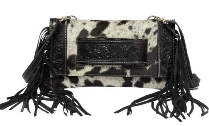 The Design Edge Maraba – Black & White Cowhide Tooling Leather Clutch Bag with Fringes