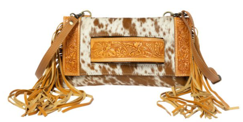 The Design Edge Maraba – Tan & White Cowhide Tooling Leather Clutch Bag with Fringes