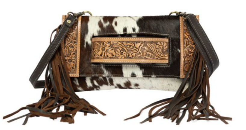 The Design Edge Maraba – Brown & White Cowhide Tooling Leather Clutch Bag with Fringes