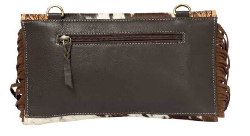 The Design Edge Maraba – Brown & White Cowhide Tooling Leather Clutch Bag with Fringes