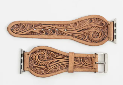 Lone Star Hand Tooled Leather Watch Band - Light Tan - S-12790