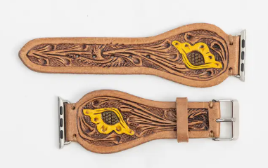 Lone Star Hand Tooled Leather Watch Band - Antique Tan - S-12787