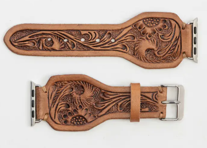 Lone Star Hand Tooled Leather Watch Band - Antique Saddle Brown - S-12788