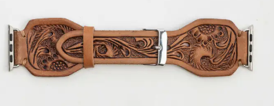 Lone Star Hand Tooled Leather Watch Band - Antique Saddle Brown - S-12788