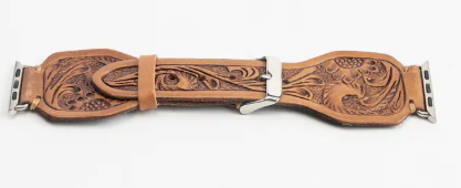 Lone Star Hand Tooled Leather Watch Band - Antique Saddle Brown - S-12788