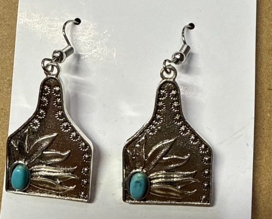 Turquoise Cow Tag Shape with Turquoise Stone Earrings