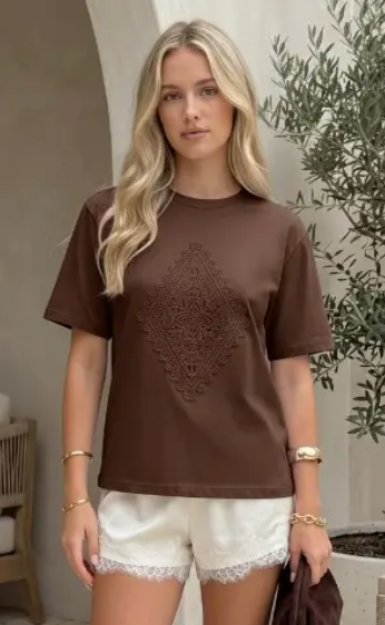 Intricate Brown Lace Detail S/S Tee - VT60796