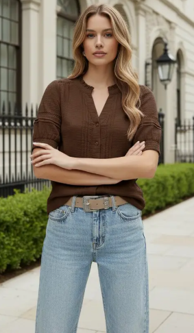 Pin-Tuck Detailing Lace Trim Inset Blouse - Brown - VT60790